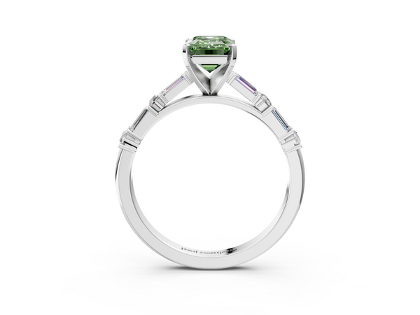 Platinum Fancy Green Emerald Cut Diamond Solitaire with Side Baguettes and Channel Set Band