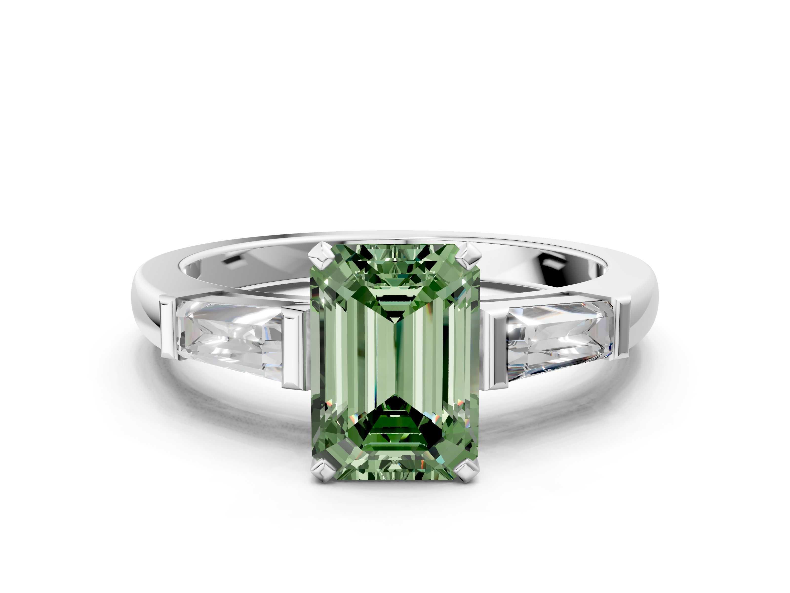 White gold Fancy Green Emerald  Solitaire with Tapered Baguette Side Stones on a Classic Band with Four-Prong Setting_70