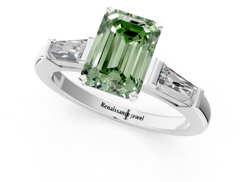 White gold Fancy Green Emerald  Solitaire with Tapered Baguette Side Stones on a Classic Band with Four-Prong Setting_71