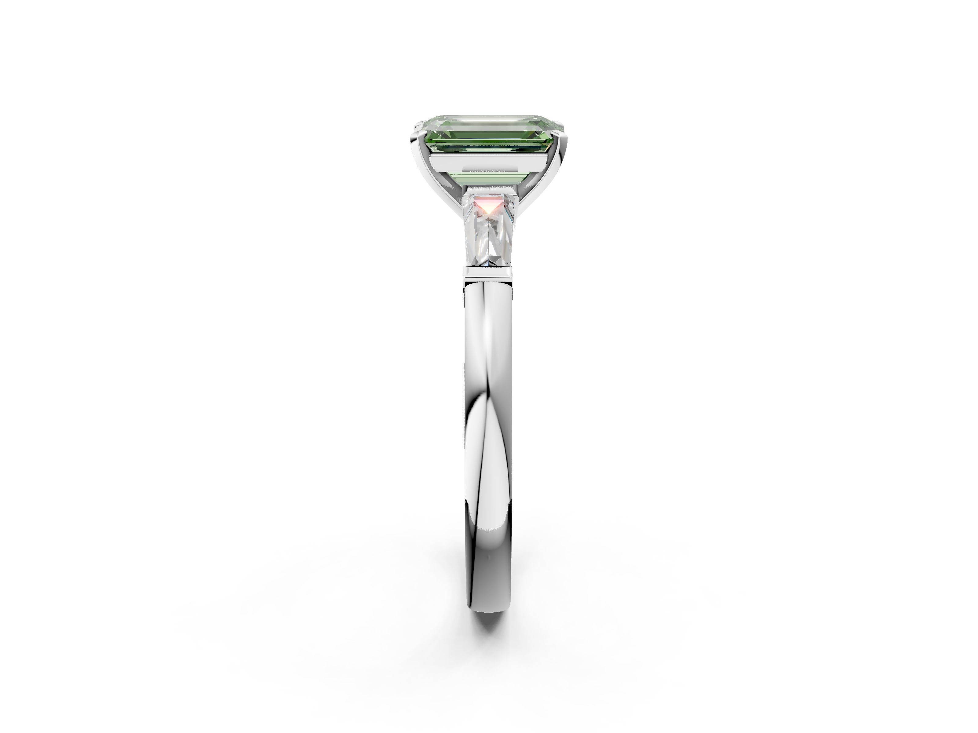 White gold Fancy Green Emerald  Solitaire with Tapered Baguette Side Stones on a Classic Band with Four-Prong Setting_72