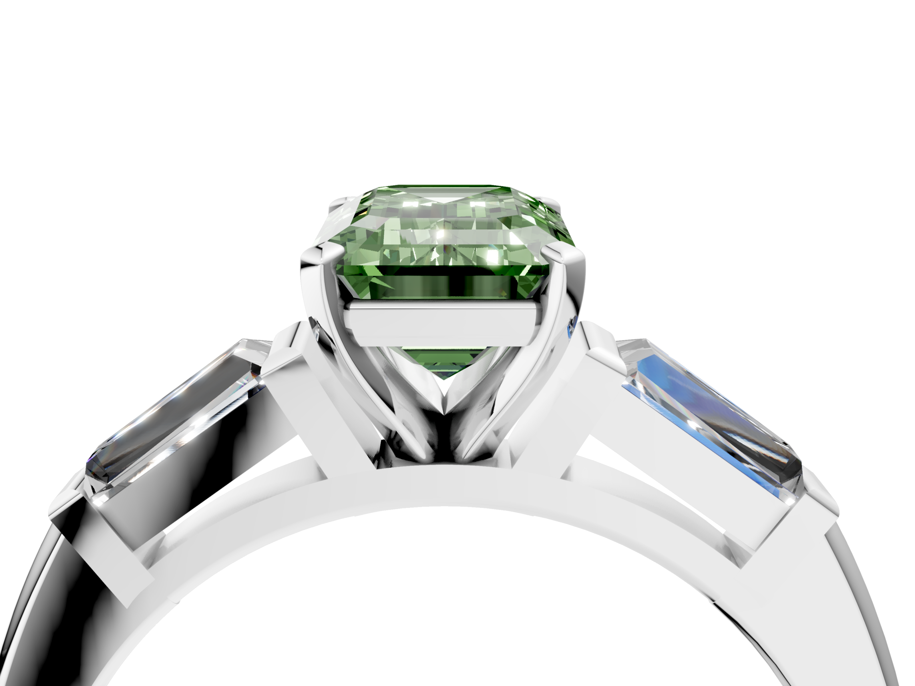 White gold Fancy Green Emerald  Solitaire with Tapered Baguette Side Stones on a Classic Band with Four-Prong Setting_74
