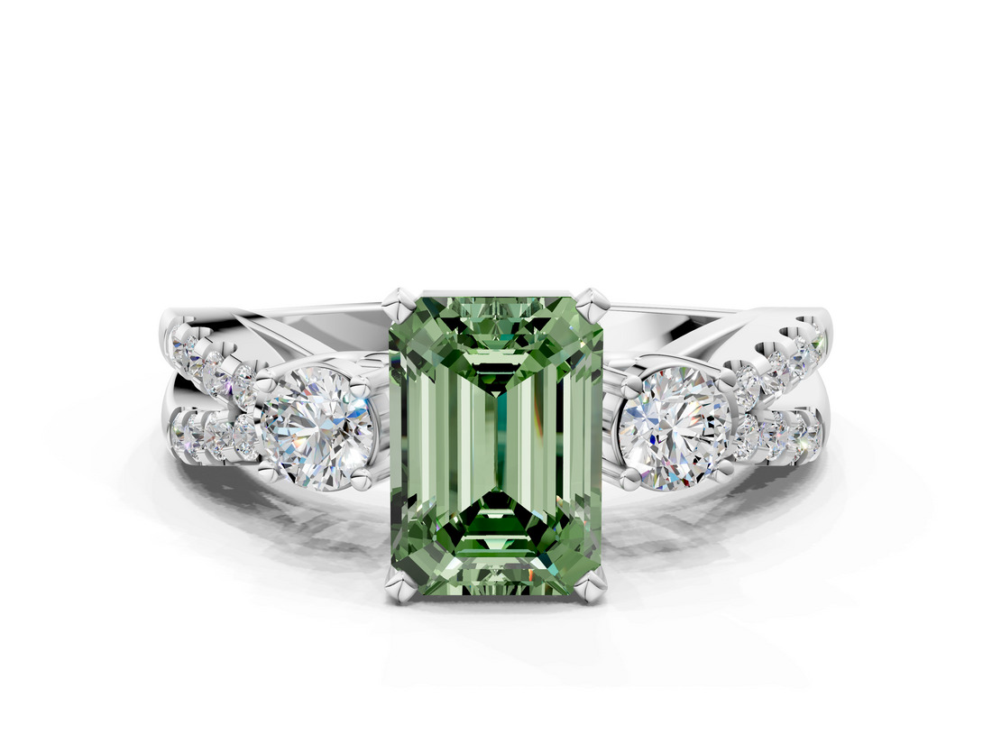 White gold Fancy Green Emerald  Three-Stone Diamond Ring with Pavé Split Shank and Four-Prong Setting_62