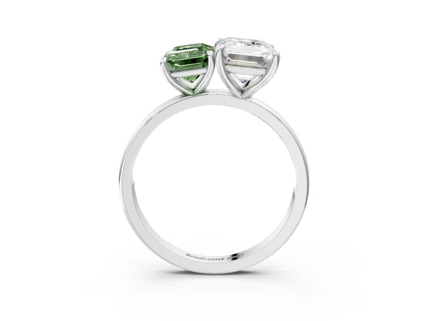 White gold Fancy Green Emerald  and Emerald Cut Toi Moi Ring with Prong Setting