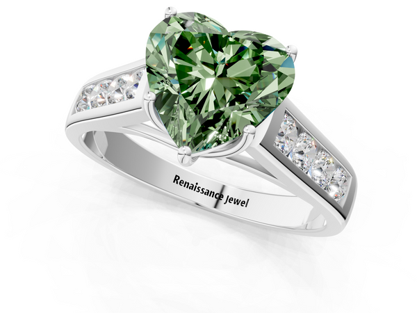 White gold Fancy Green Heart  Brilliant Channel-Set Solitaire Ring with Four-Prong Setting