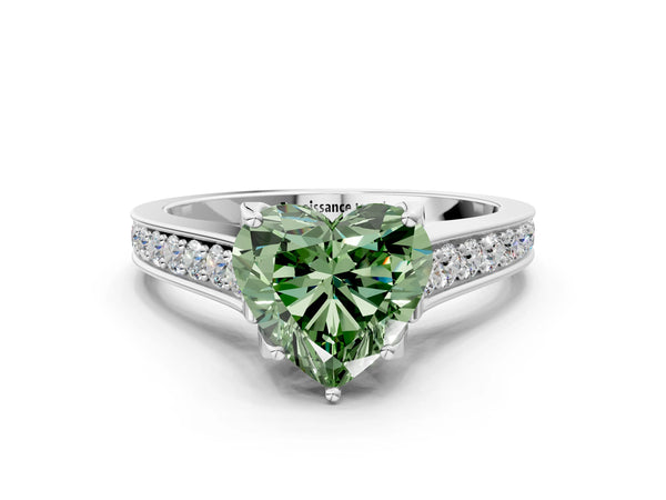 White gold Fancy Green Heart  Brilliant Cut Diamond Engagement Ring with Pavé Band and Four-Prong Setting