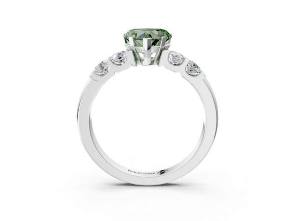 Platinum Fancy Green Heart  Brilliant Cut Diamond Five-Stone Prong Set Engagement Ring with Channel Band