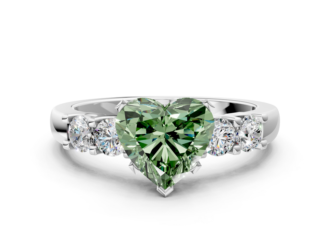 White gold Fancy Green Heart  Brilliant Cut Diamond Five-Stone Prong Set Engagement Ring with Channel Band