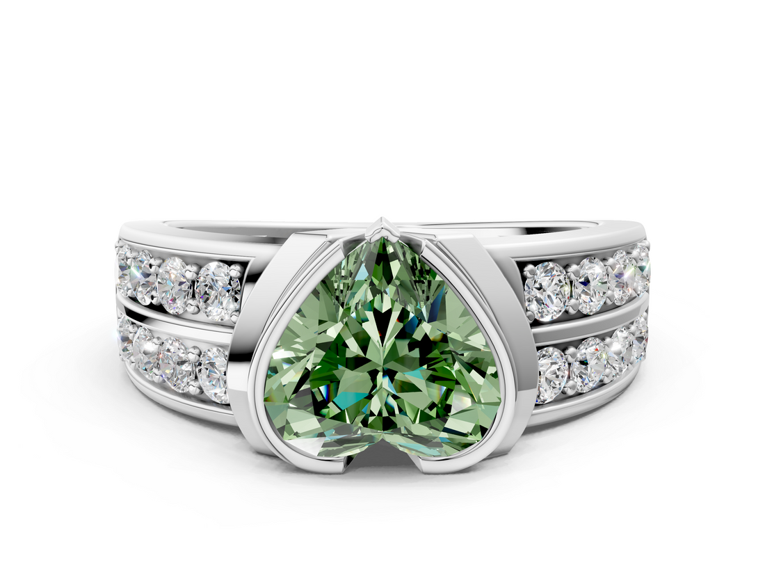 White gold Fancy Green Heart  Brilliant Diamond Channel Set Wide Band Ring with Bezel Setting