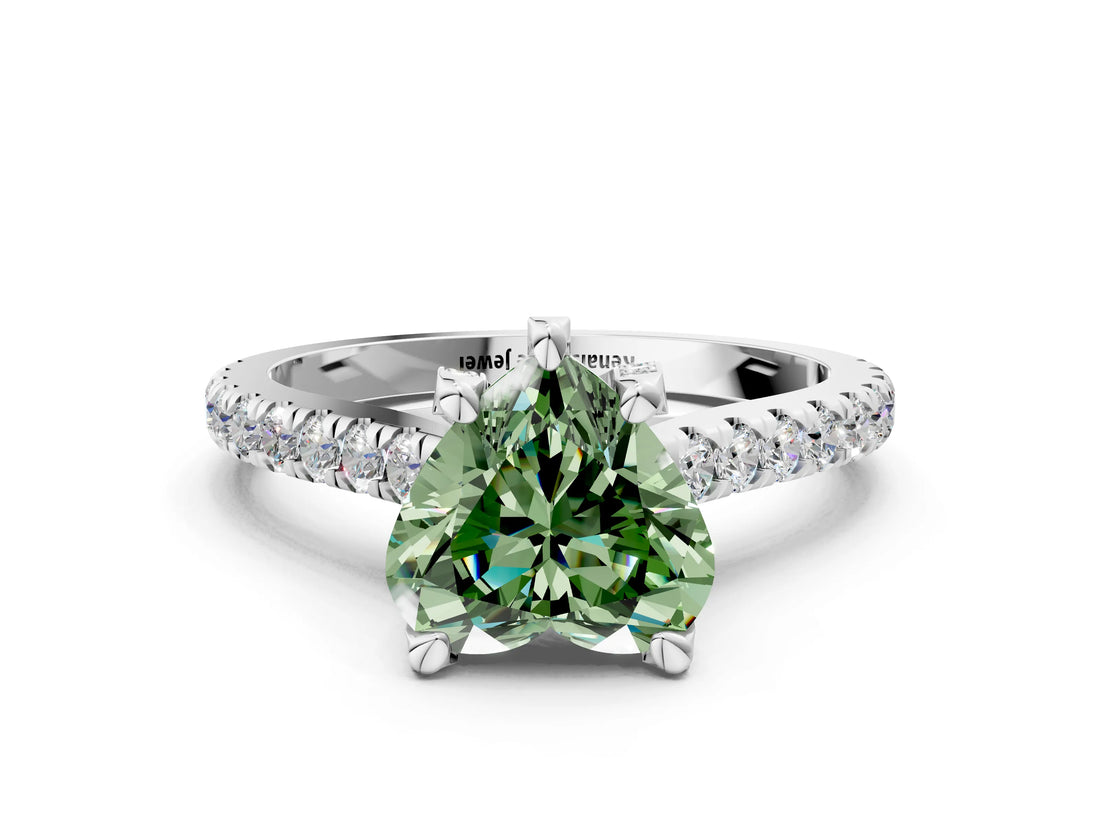 White gold Fancy Green Heart  Brilliant Diamond Solitaire with Pavé Band and Four-Prong Setting