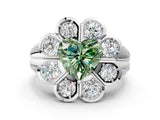 White gold Fancy Green Heart  Brilliant Flower Halo Diamond Split Shank Ring_100
