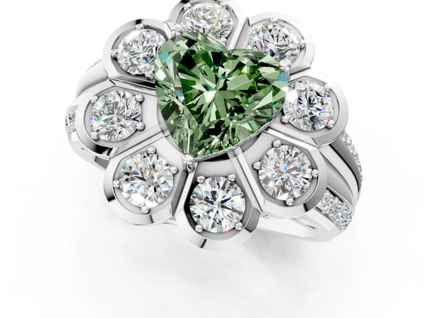 White gold Fancy Green Heart  Brilliant Flower Halo Diamond Split Shank Ring