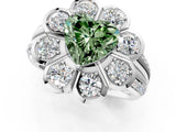 White gold Fancy Green Heart  Brilliant Flower Halo Diamond Split Shank Ring_101
