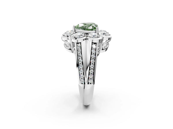 White gold Fancy Green Heart  Brilliant Flower Halo Diamond Split Shank Ring