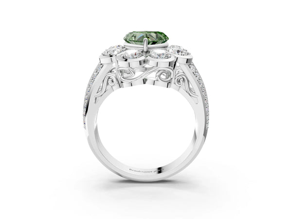 White gold Fancy Green Heart  Brilliant Flower Halo Diamond Split Shank Ring