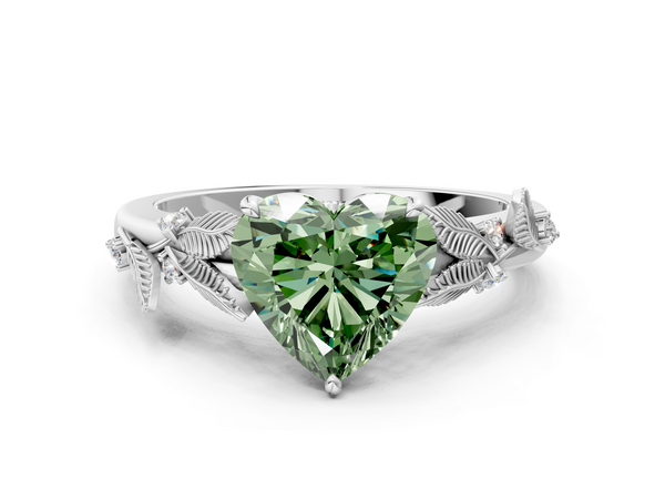 Platinum Fancy Green Heart Cut Diamond Solitaire Ring with Leaf Motif Band and Four-Prong Setting