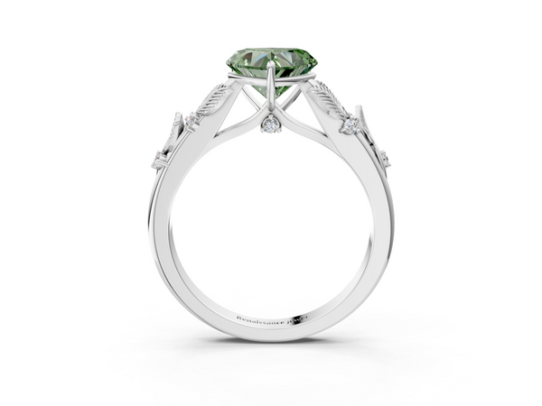 Platinum Fancy Green Heart Cut Diamond Solitaire Ring with Leaf Motif Band and Four-Prong Setting