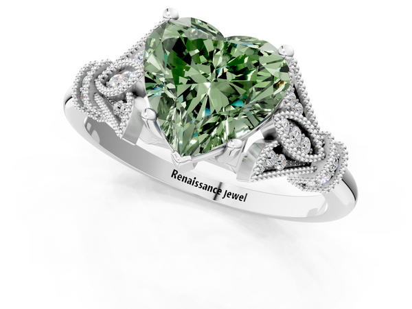 White gold Fancy Green Heart  Diamond Solitaire Ring with Floral Filigree and Pave Accents