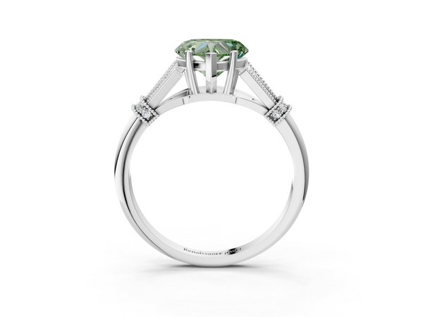 White gold Fancy Green Heart  Diamond Solitaire Ring with Floral Filigree and Pave Accents