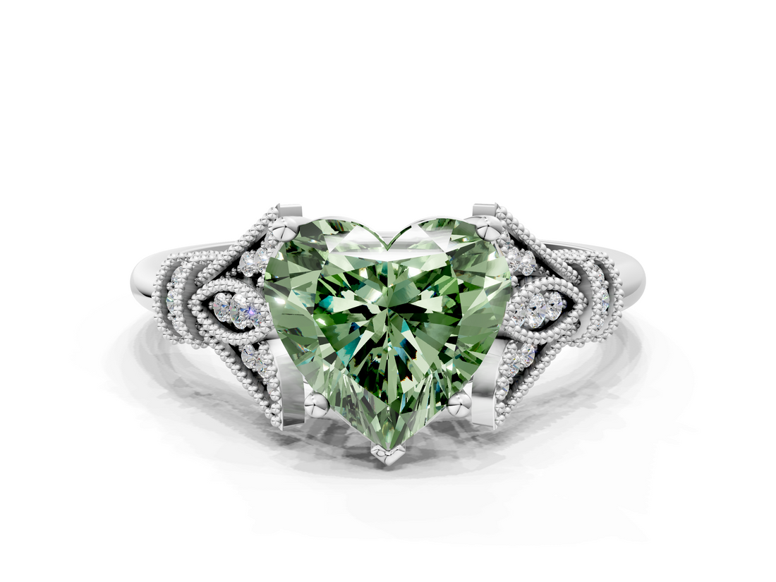 White gold Fancy Green Heart  Brilliant Solitaire with Pave Band and Four-Prong Setting