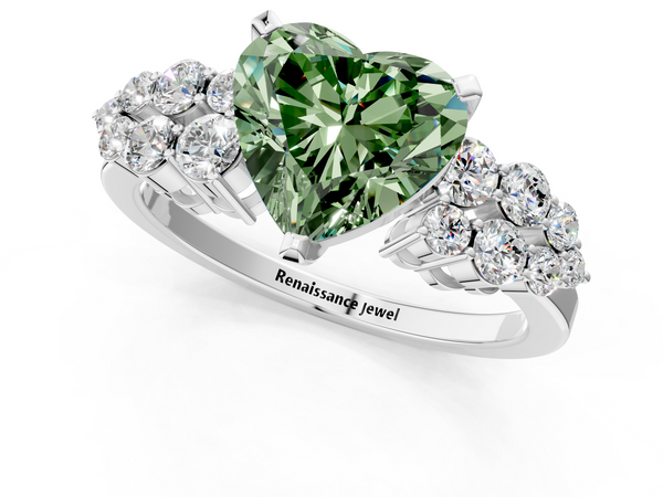 Platinum Fancy Green Heart  Cluster Diamond Engagement Ring with Pavé Band and Four-Prong Setting