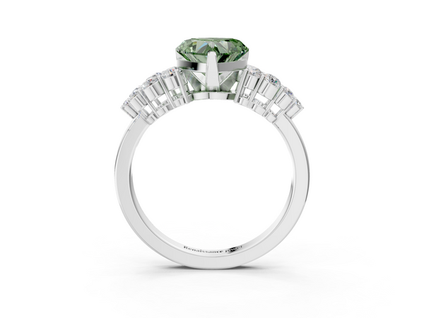 Platinum Fancy Green Heart  Cluster Diamond Engagement Ring with Pavé Band and Four-Prong Setting