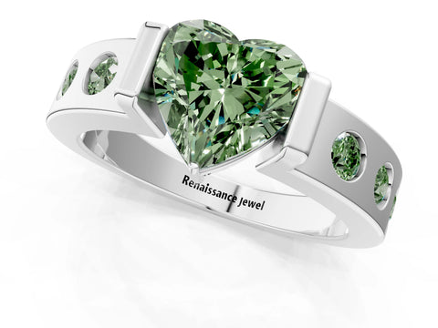 White gold Fancy Green Heart Cut Brilliant Channel-Set Diamond Ring with Bezel Prong Setting_13
