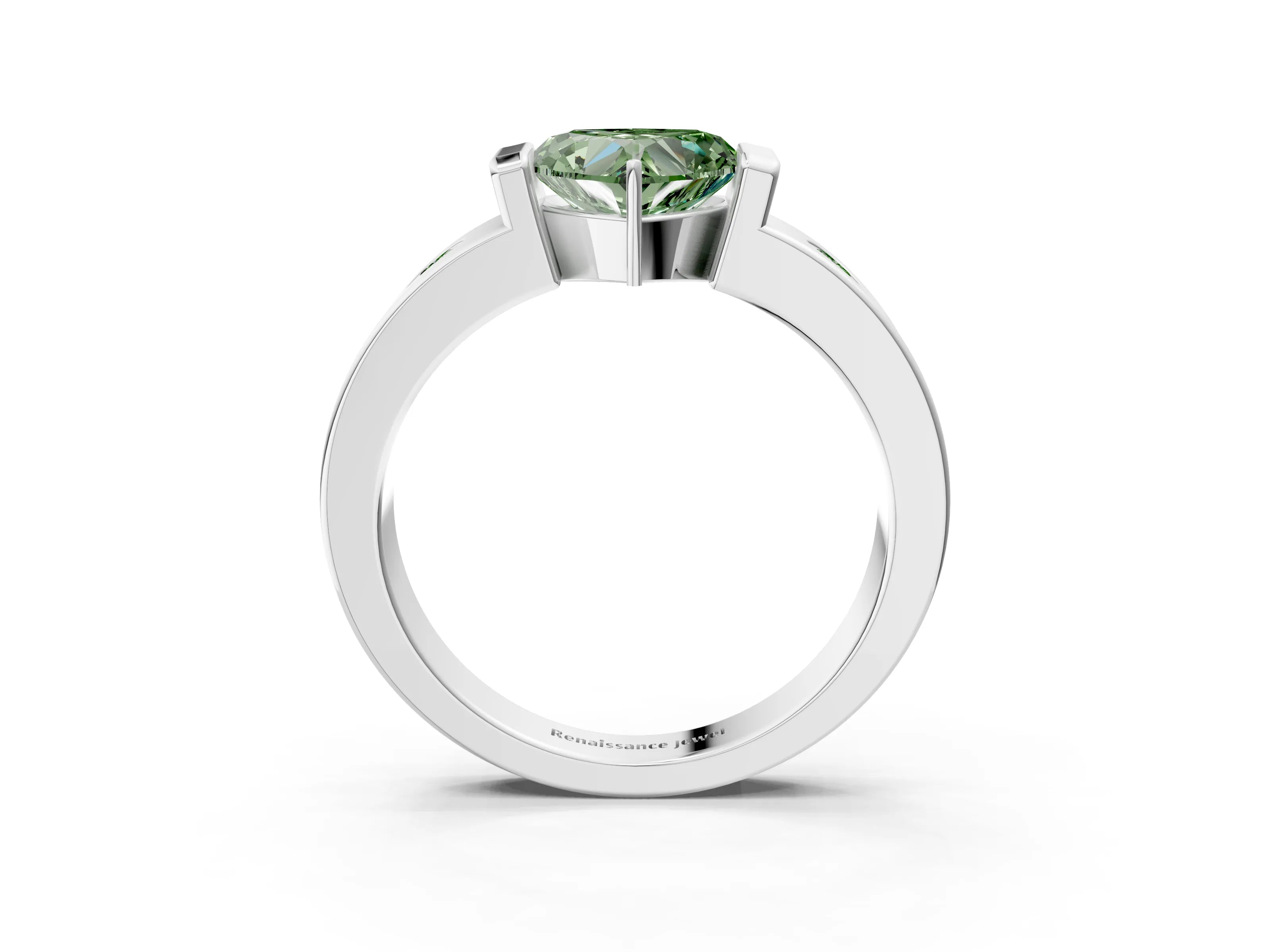 White gold Fancy Green Heart Cut Brilliant Channel-Set Diamond Ring with Bezel Prong Setting_15