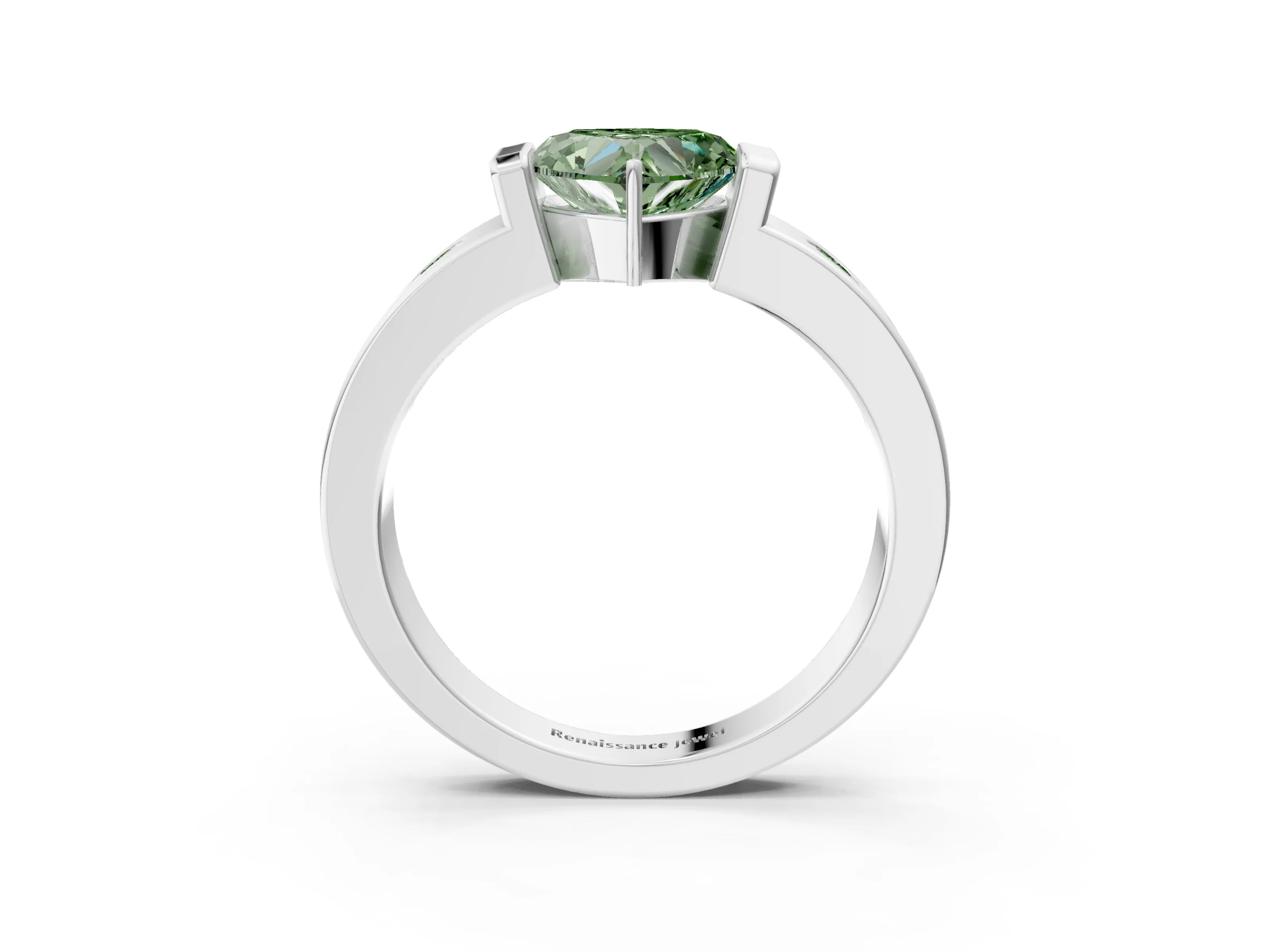 White gold Fancy Green Heart Cut Brilliant Channel-Set Diamond Ring with Bezel Prong Setting_3