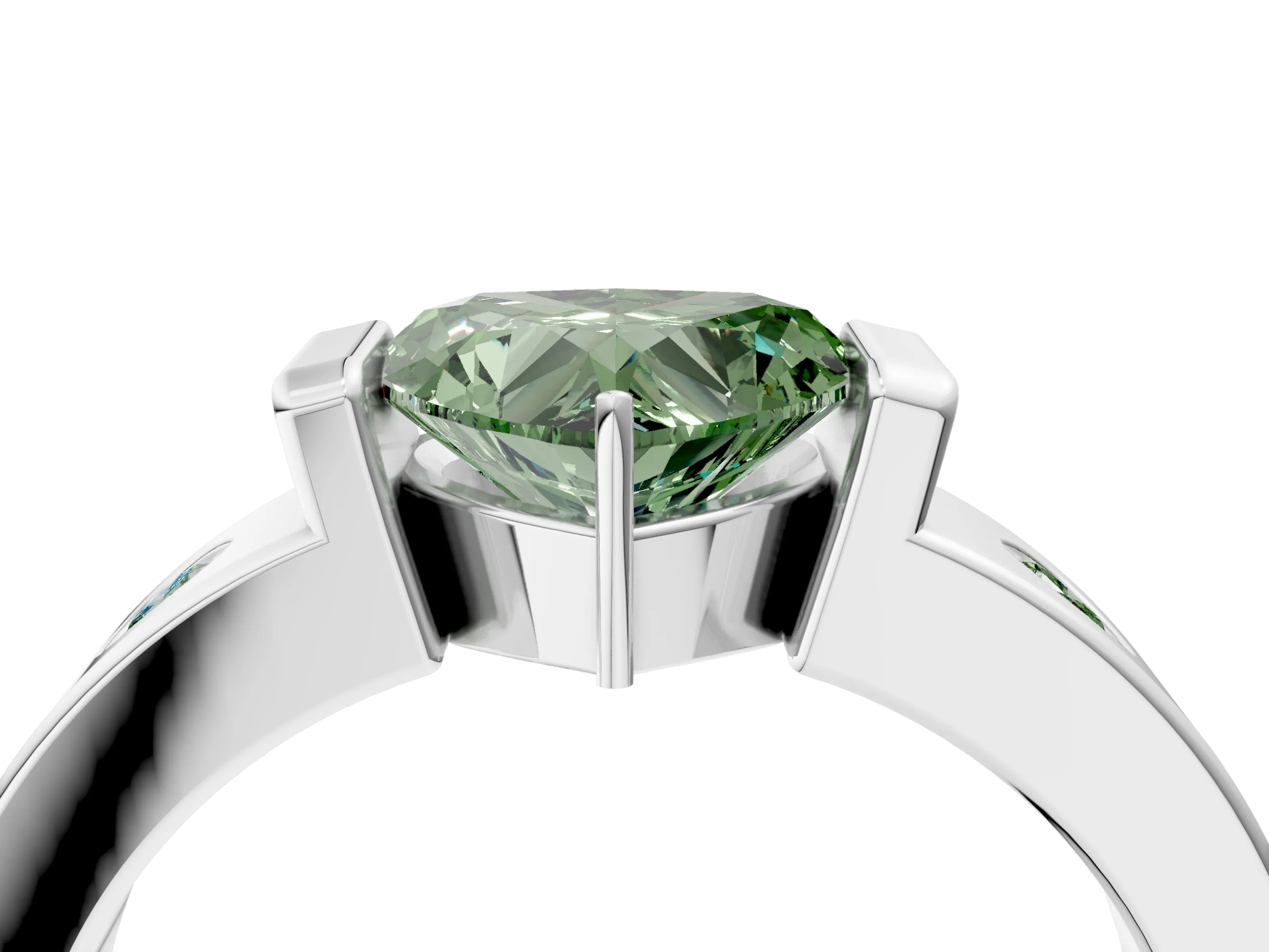 White gold Fancy Green Heart Cut Brilliant Channel-Set Diamond Ring with Bezel Prong Setting_4