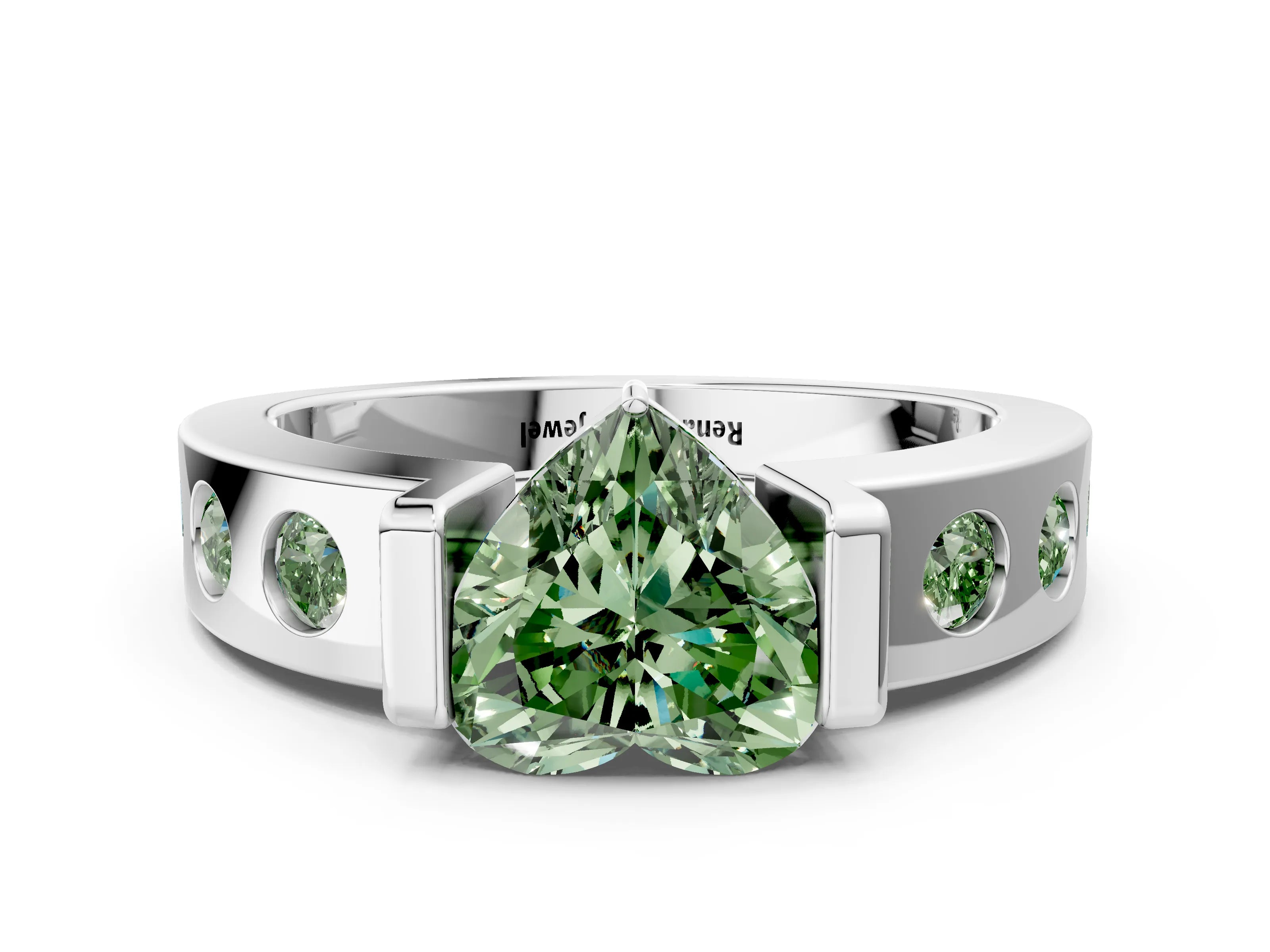 White gold Fancy Green Heart Cut Brilliant Channel-Set Diamond Ring with Bezel Prong Setting_6