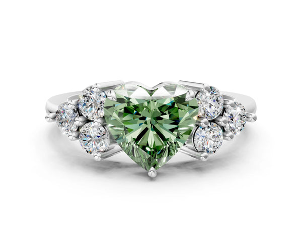 Platinum Fancy Green Heart Cut Brilliant Diamond Cluster Accent Solitaire Ring with Prong Setting