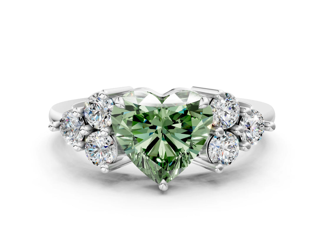 White gold Fancy Green Heart Cut Brilliant Diamond Cluster Accent Solitaire Ring with Prong Setting_12