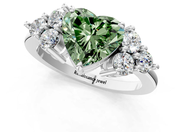 Platinum Fancy Green Heart Cut Brilliant Diamond Cluster Accent Solitaire Ring with Prong Setting