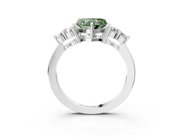 Platinum Fancy Green Heart Cut Brilliant Diamond Cluster Accent Solitaire Ring with Prong Setting