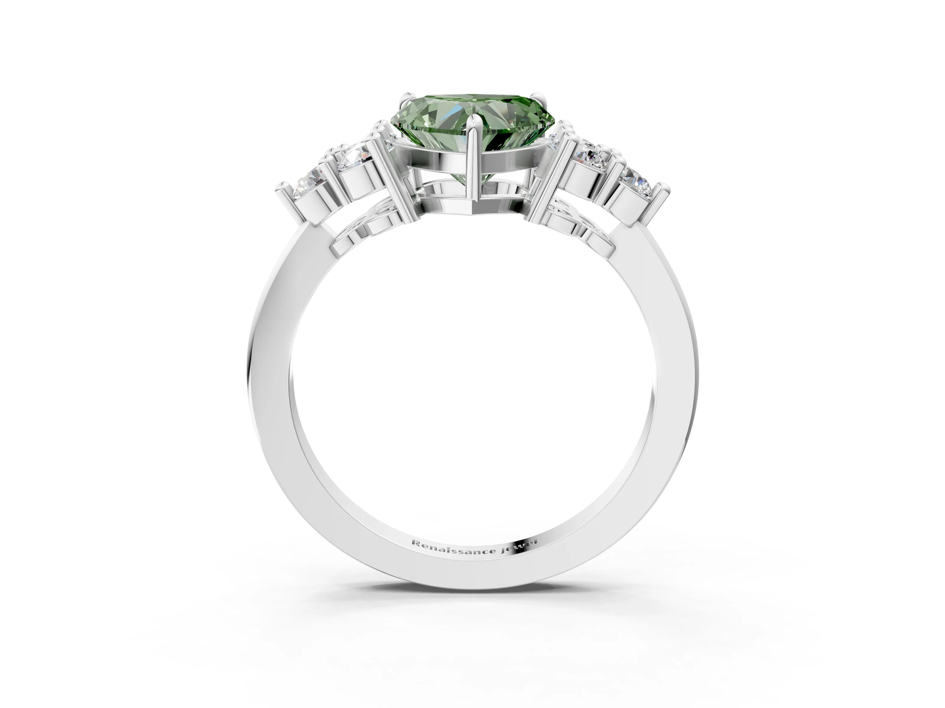 White gold Fancy Green Heart Cut Brilliant Diamond Cluster Accent Solitaire Ring with Prong Setting_15