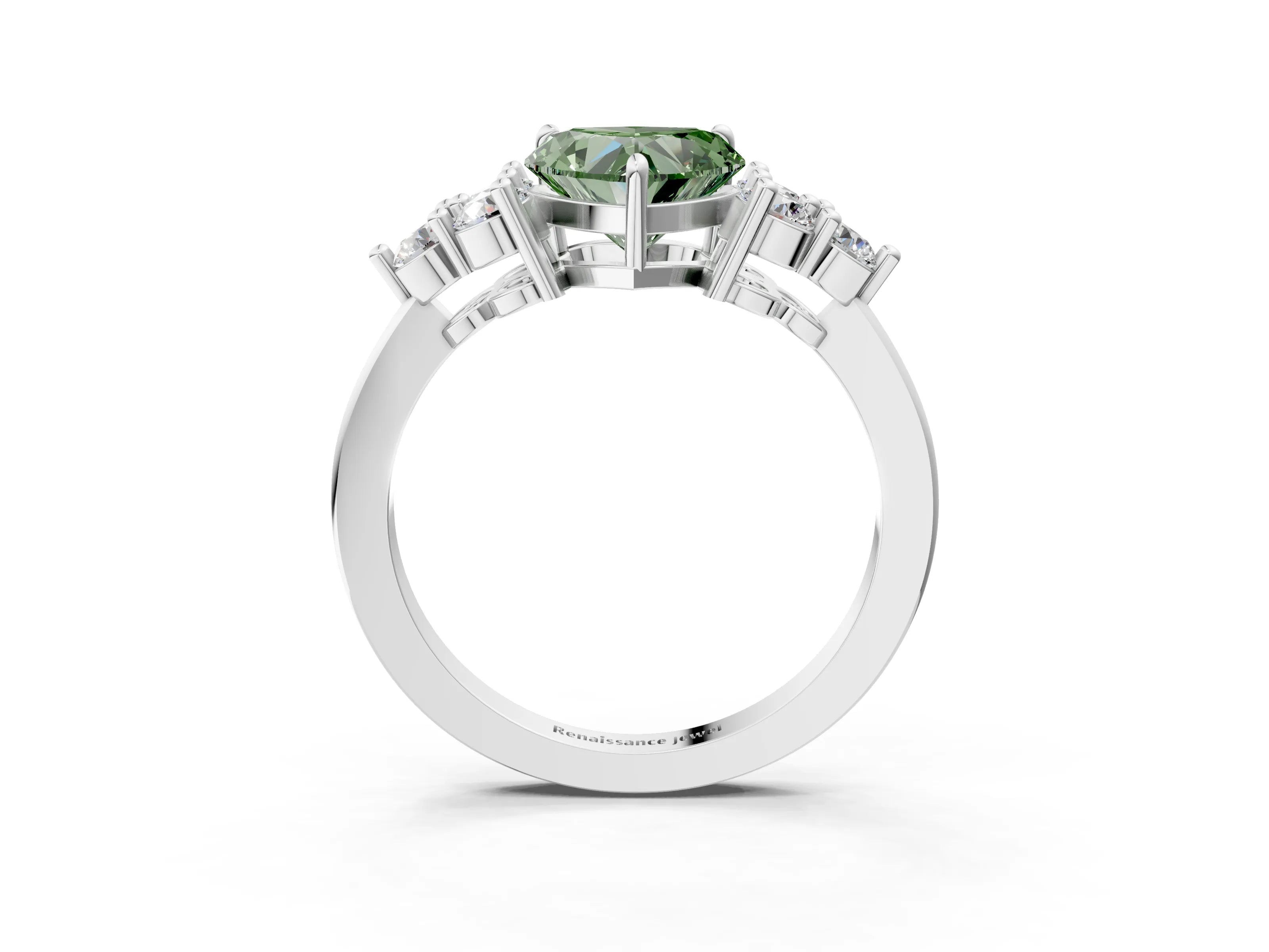 White gold Fancy Green Heart Cut Brilliant Diamond Cluster Accent Solitaire Ring with Prong Setting_3