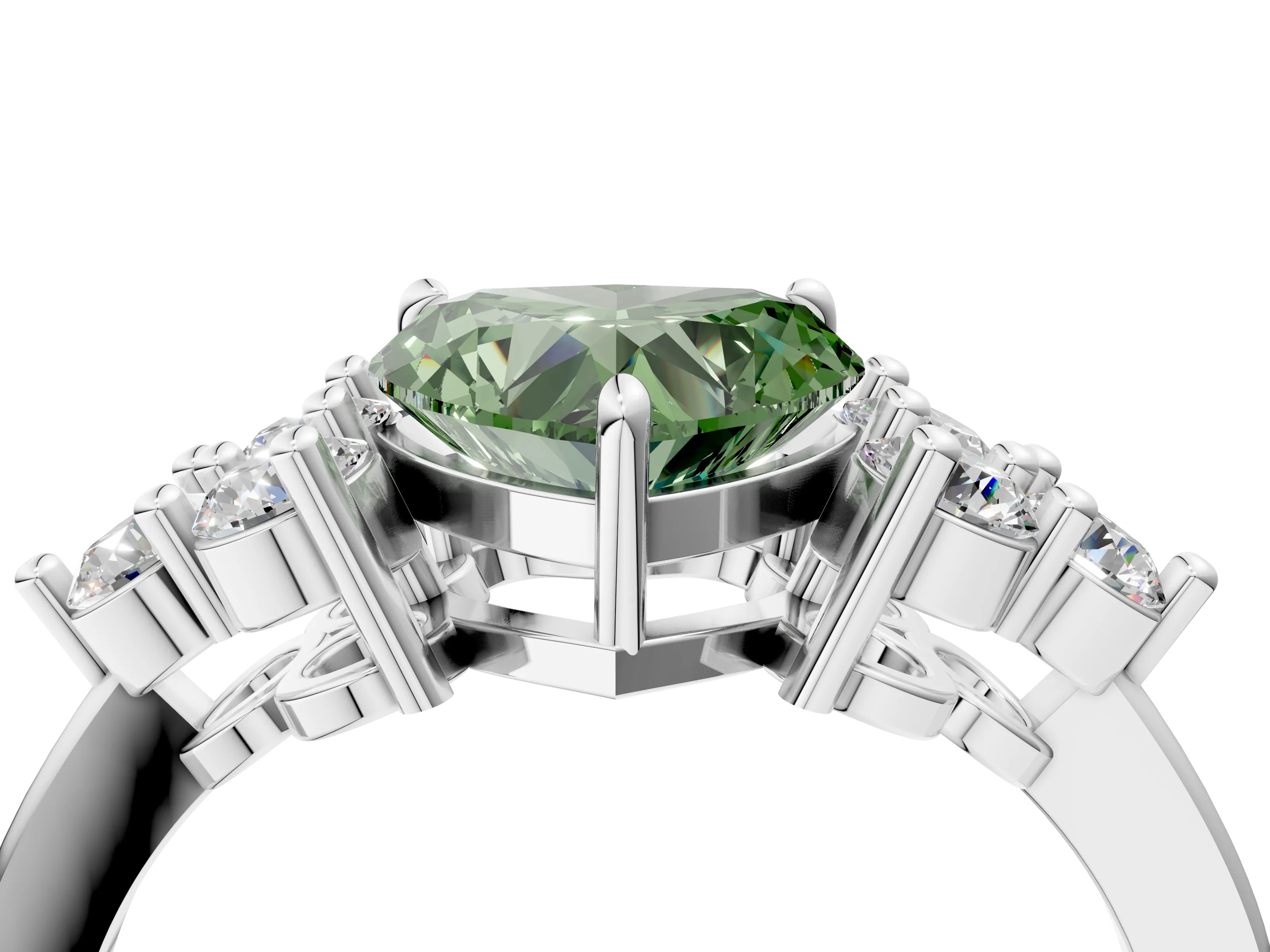 White gold Fancy Green Heart Cut Brilliant Diamond Cluster Accent Solitaire Ring with Prong Setting_4