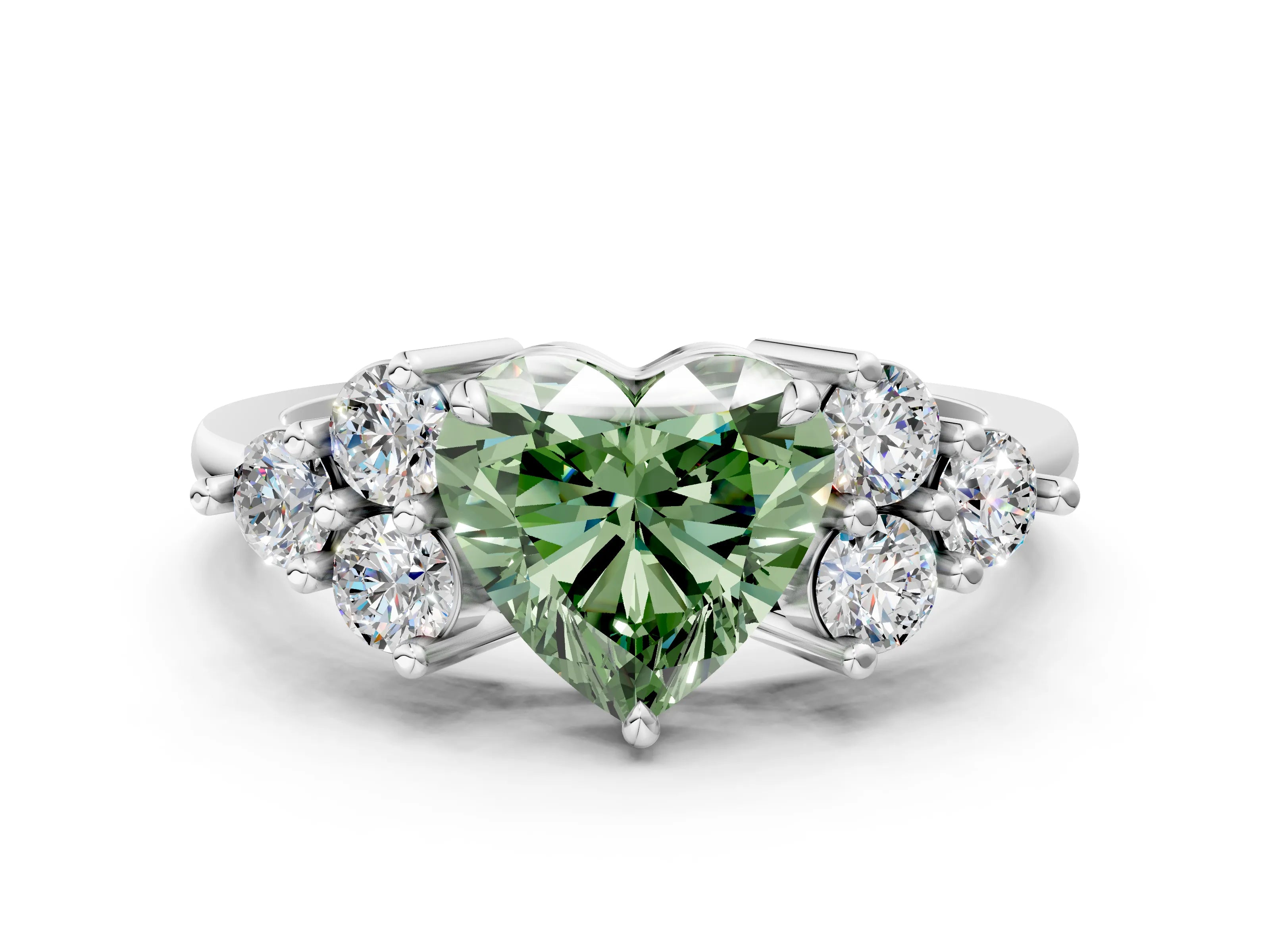 White gold Fancy Green Heart Cut Brilliant Diamond Cluster Accent Solitaire Ring with Prong Setting