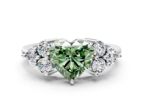 White gold Fancy Green Heart Cut Brilliant Diamond Cluster Accent Solitaire Ring with Prong Setting