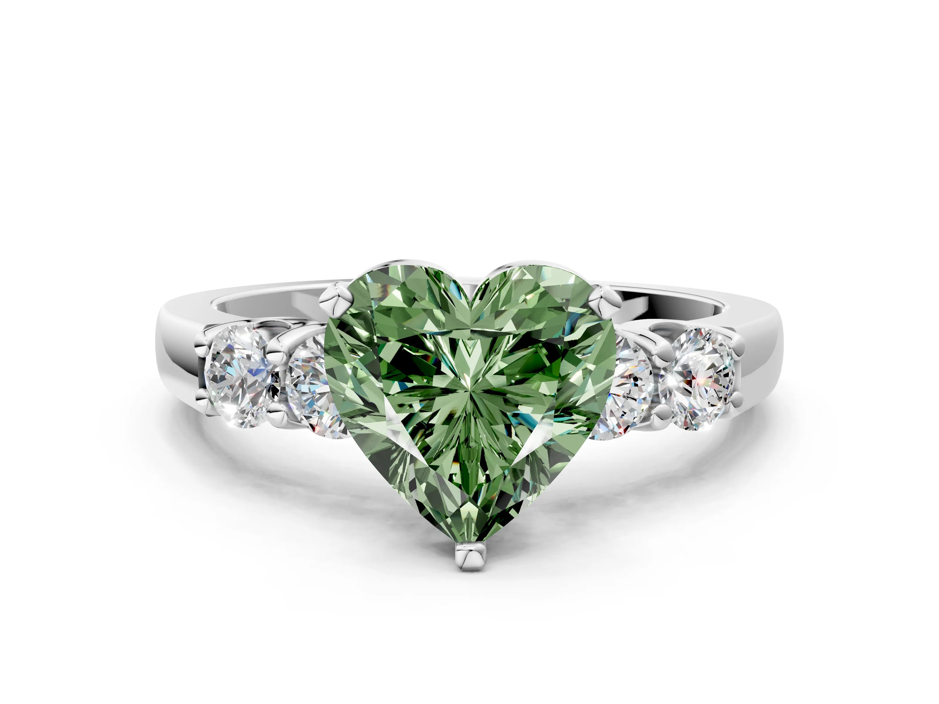 White gold Fancy Green Heart Cut Brilliant Diamond Five-Stone Engagement Ring with Prong Setting on a Classic Band_3