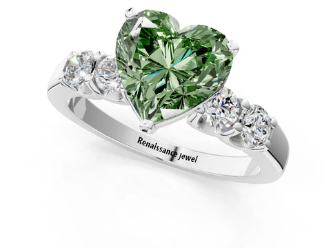White gold Fancy Green Heart Cut Brilliant Diamond Five-Stone Engagement Ring with Prong Setting on a Classic Band_4
