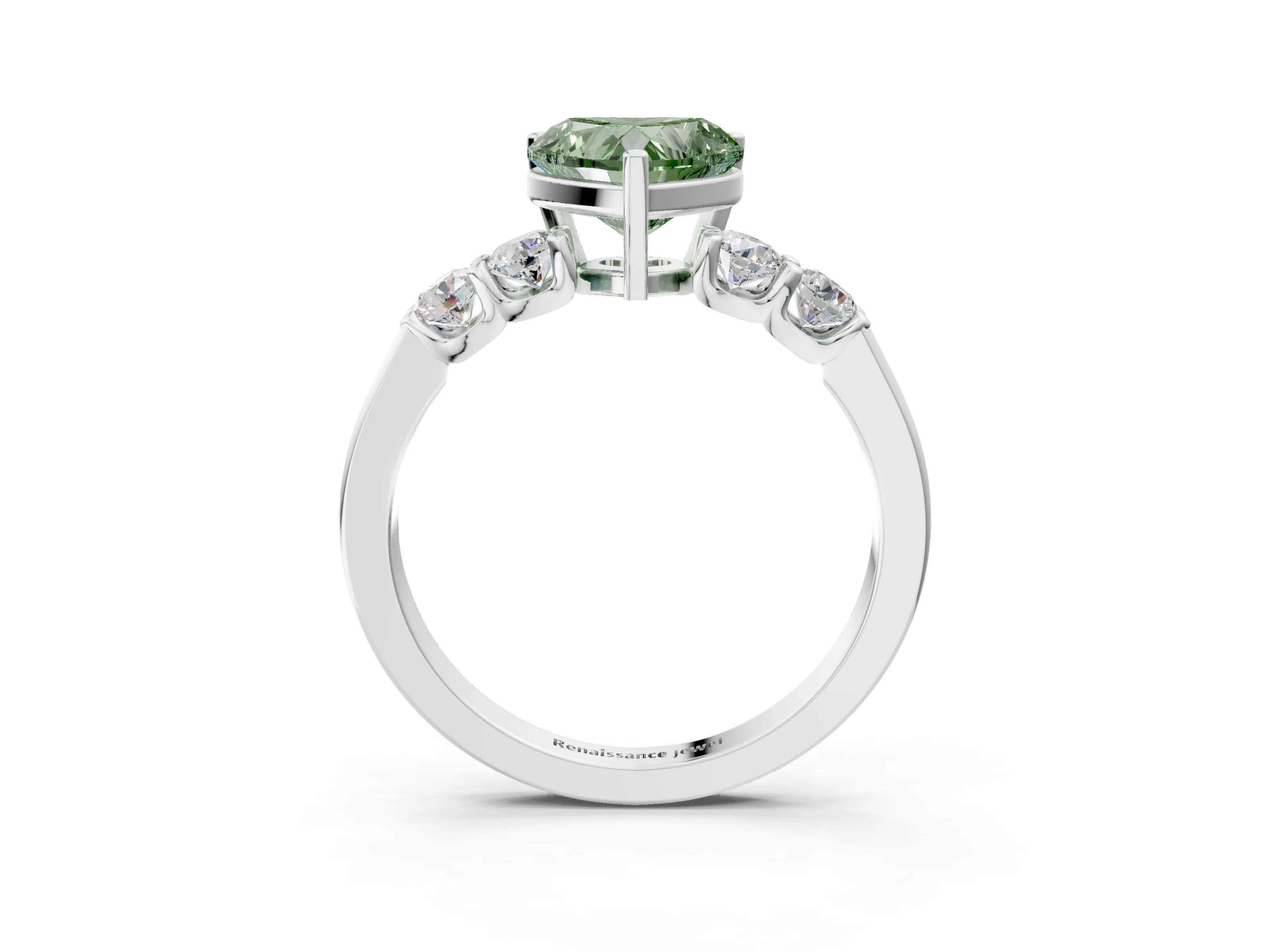 White gold Fancy Green Heart Cut Brilliant Diamond Five-Stone Engagement Ring with Prong Setting on a Classic Band_6