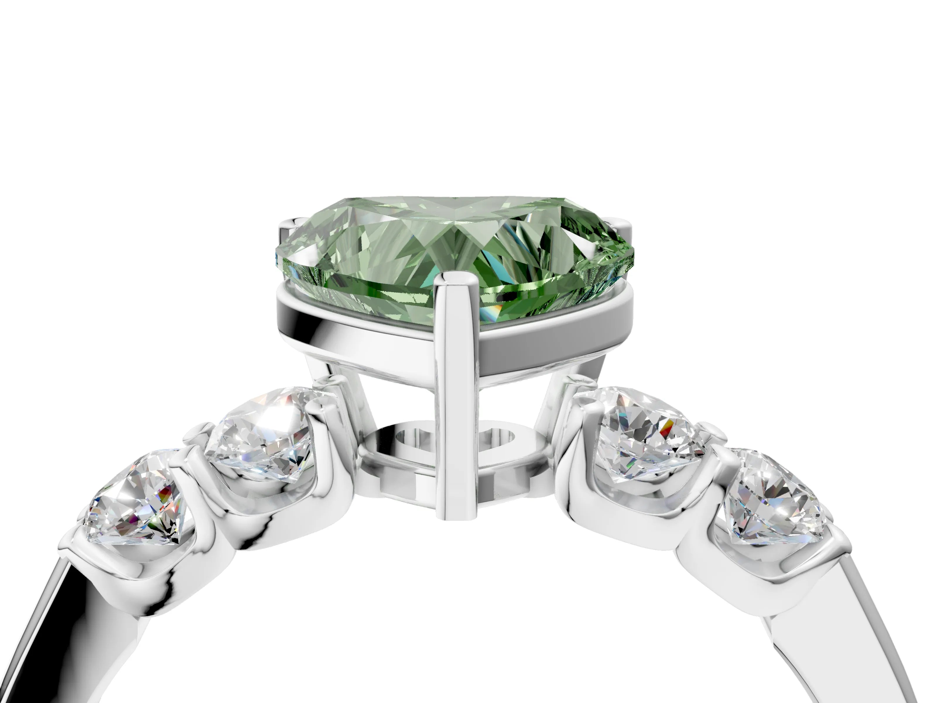 White gold Fancy Green Heart Cut Brilliant Diamond Five-Stone Engagement Ring with Prong Setting on a Classic Band_7