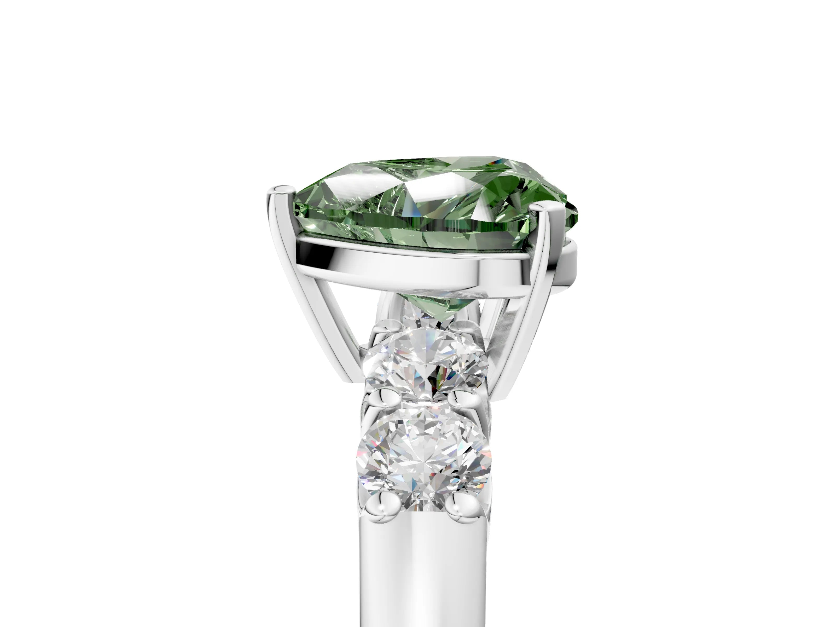 White gold Fancy Green Heart Cut Brilliant Diamond Five-Stone Engagement Ring with Prong Setting on a Classic Band_8