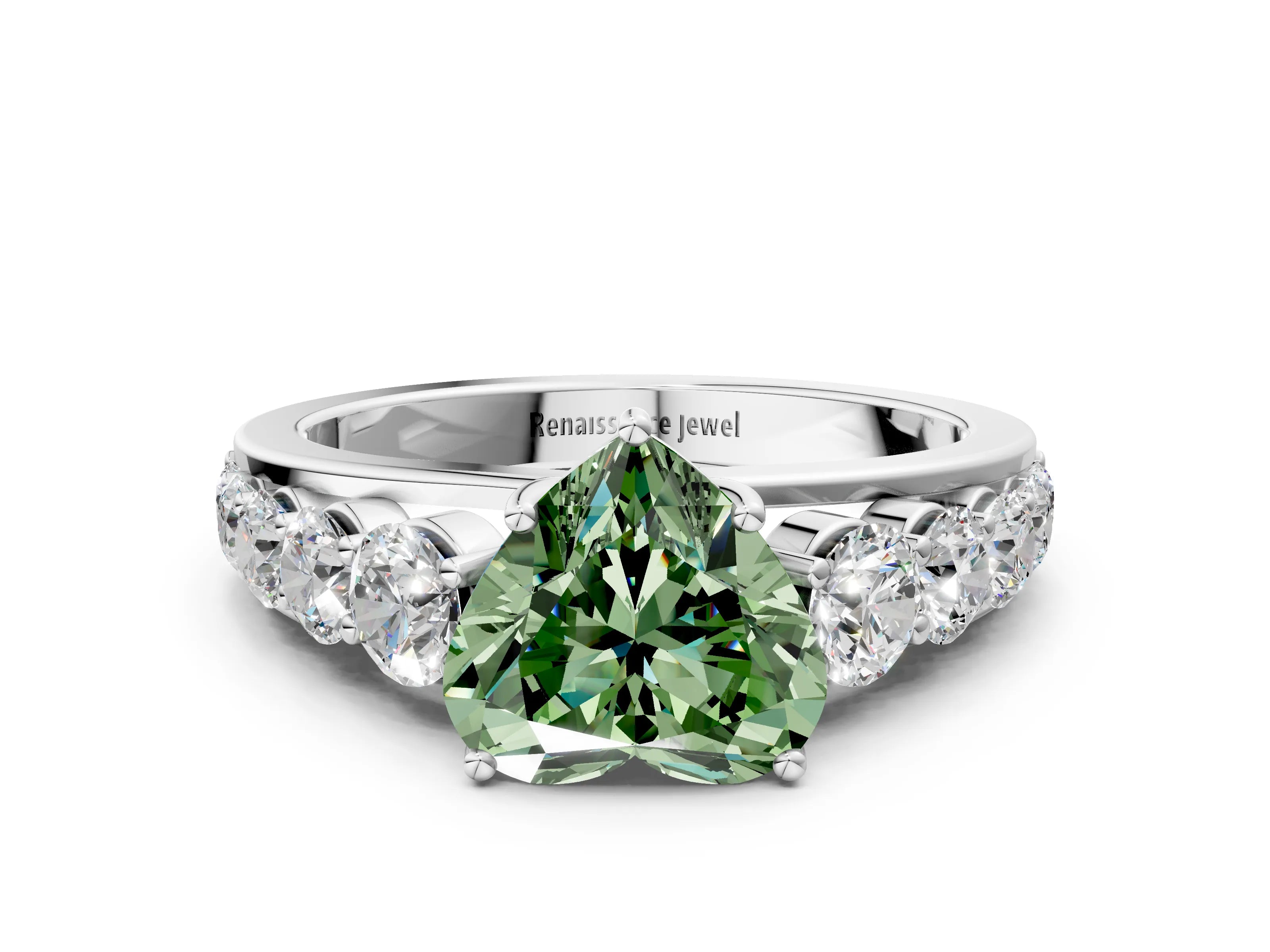 White gold Fancy Green Heart Cut Brilliant Diamond Pavé Band with Six-Prong Setting