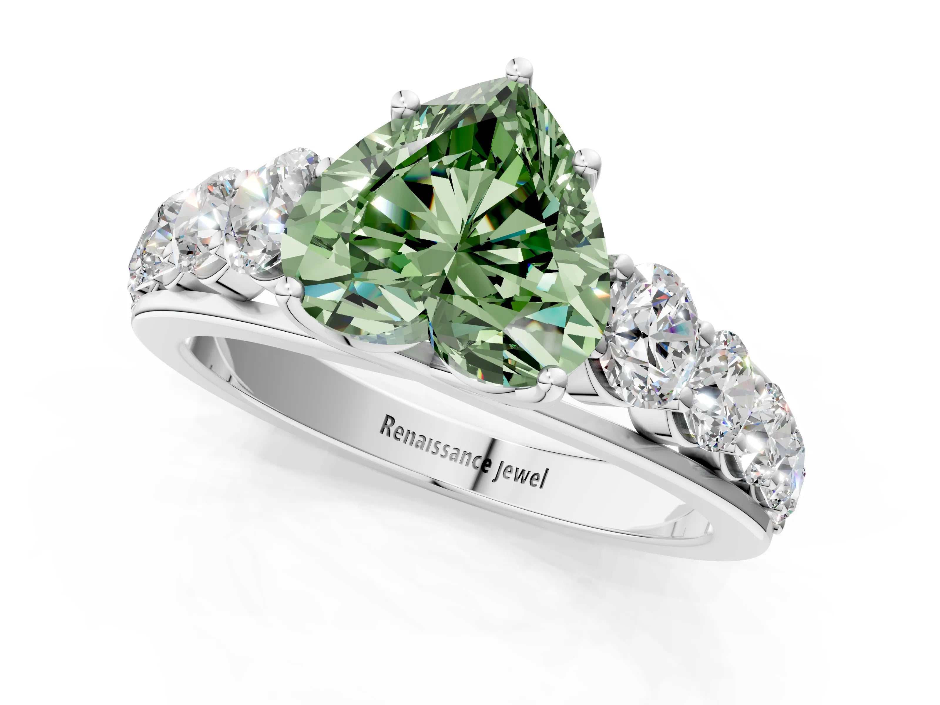 White gold Fancy Green Heart Cut Brilliant Diamond Pavé Band with Six-Prong Setting_1