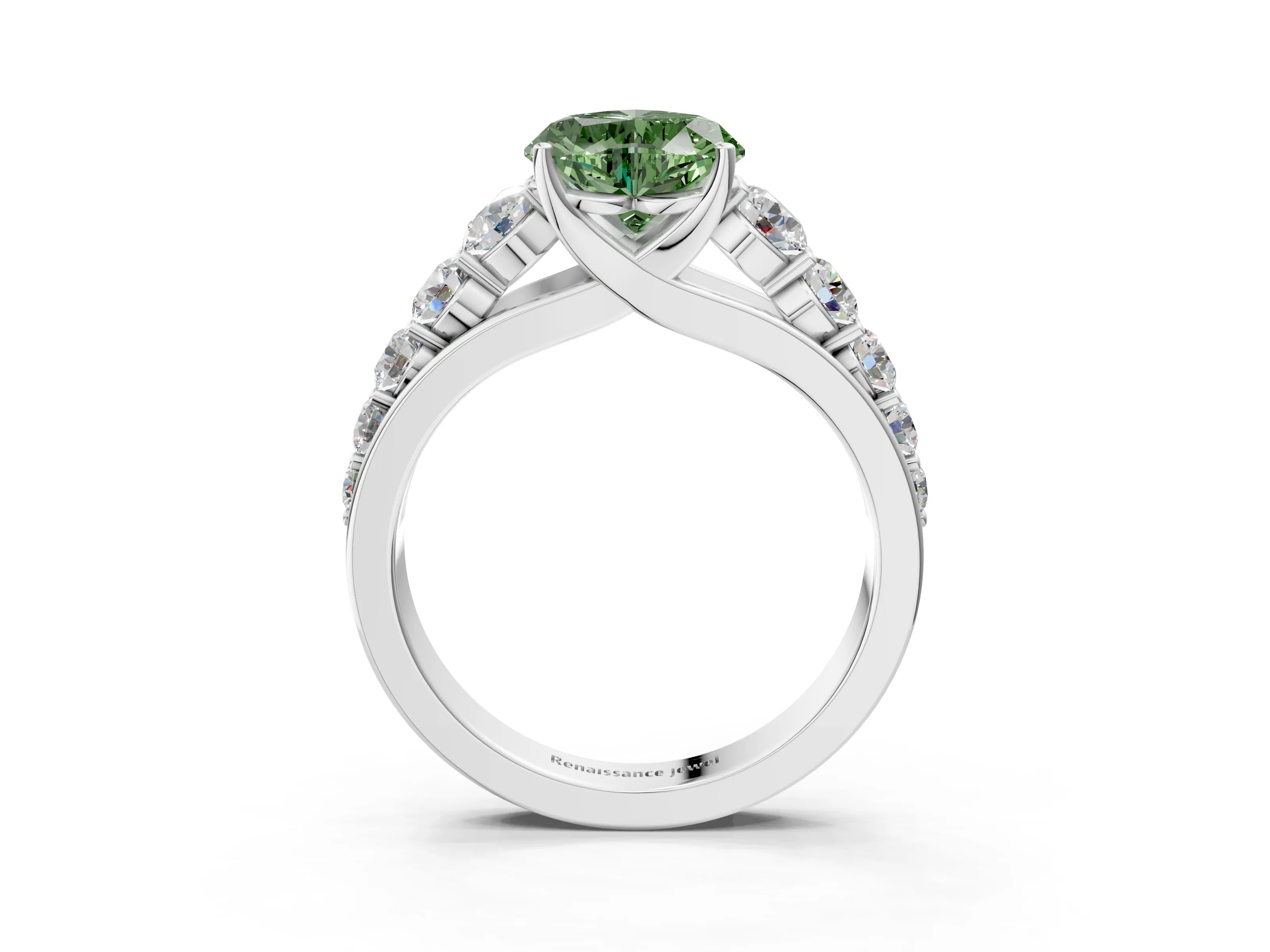 White gold Fancy Green Heart Cut Brilliant Diamond Pavé Band with Six-Prong Setting_3