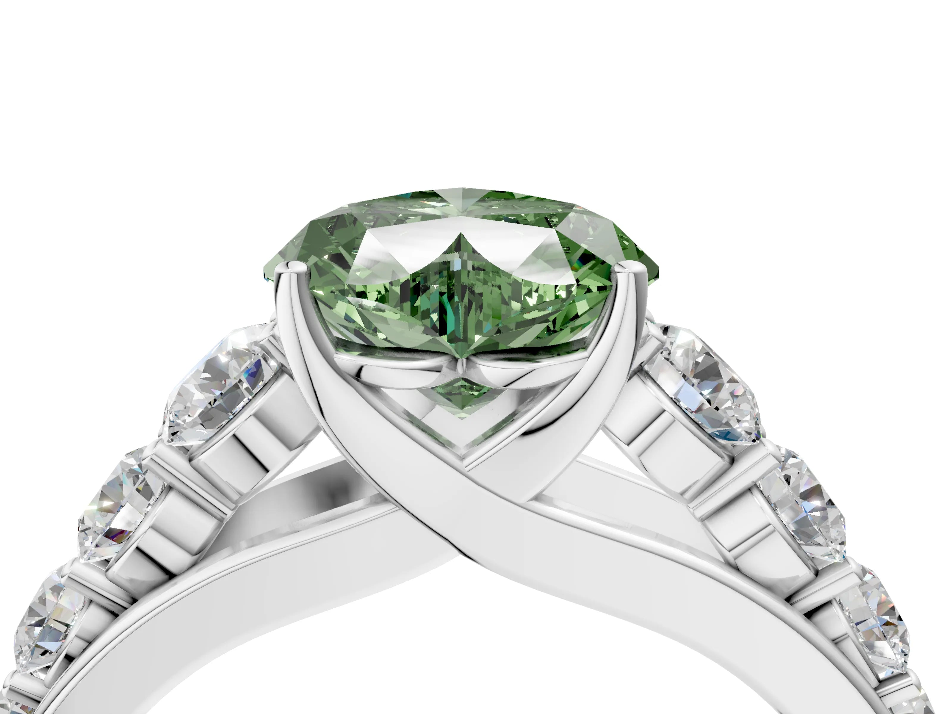 White gold Fancy Green Heart Cut Brilliant Diamond Pavé Band with Six-Prong Setting_4