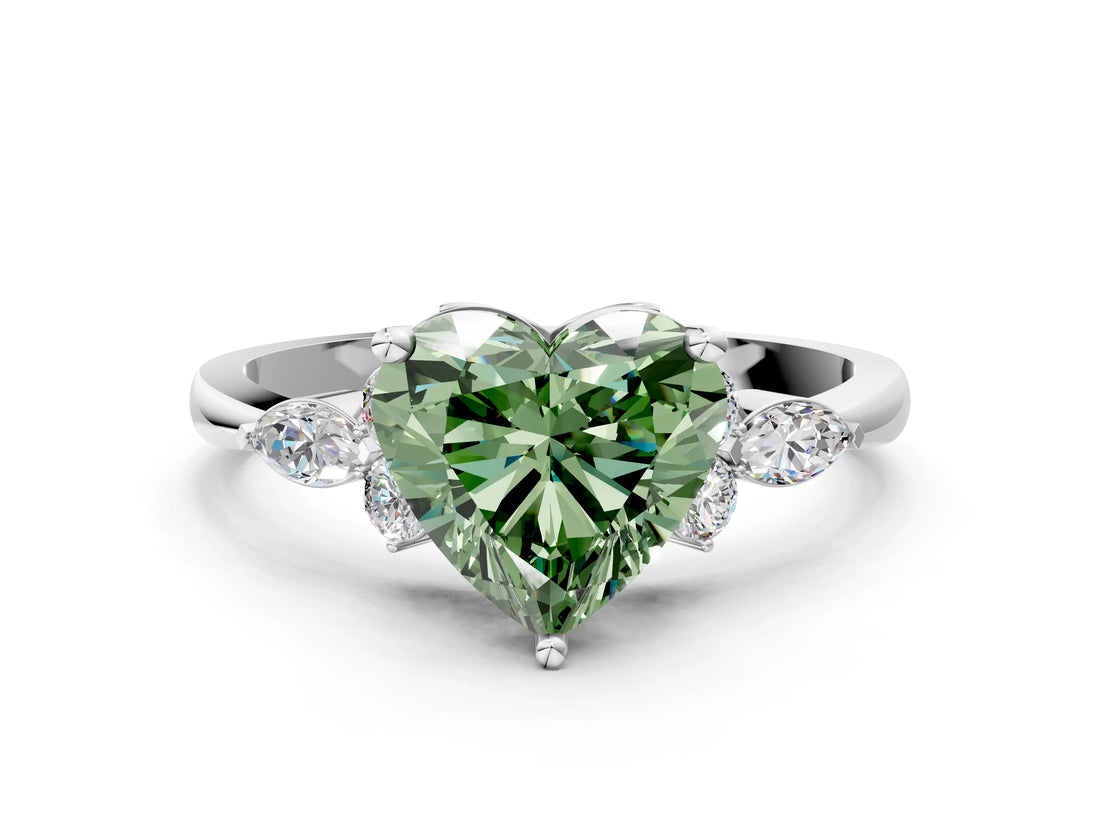 White gold Fancy Green Heart Cut Brilliant Diamond Solitaire Ring with Pear Side Stones and Four-Prong Setting_6