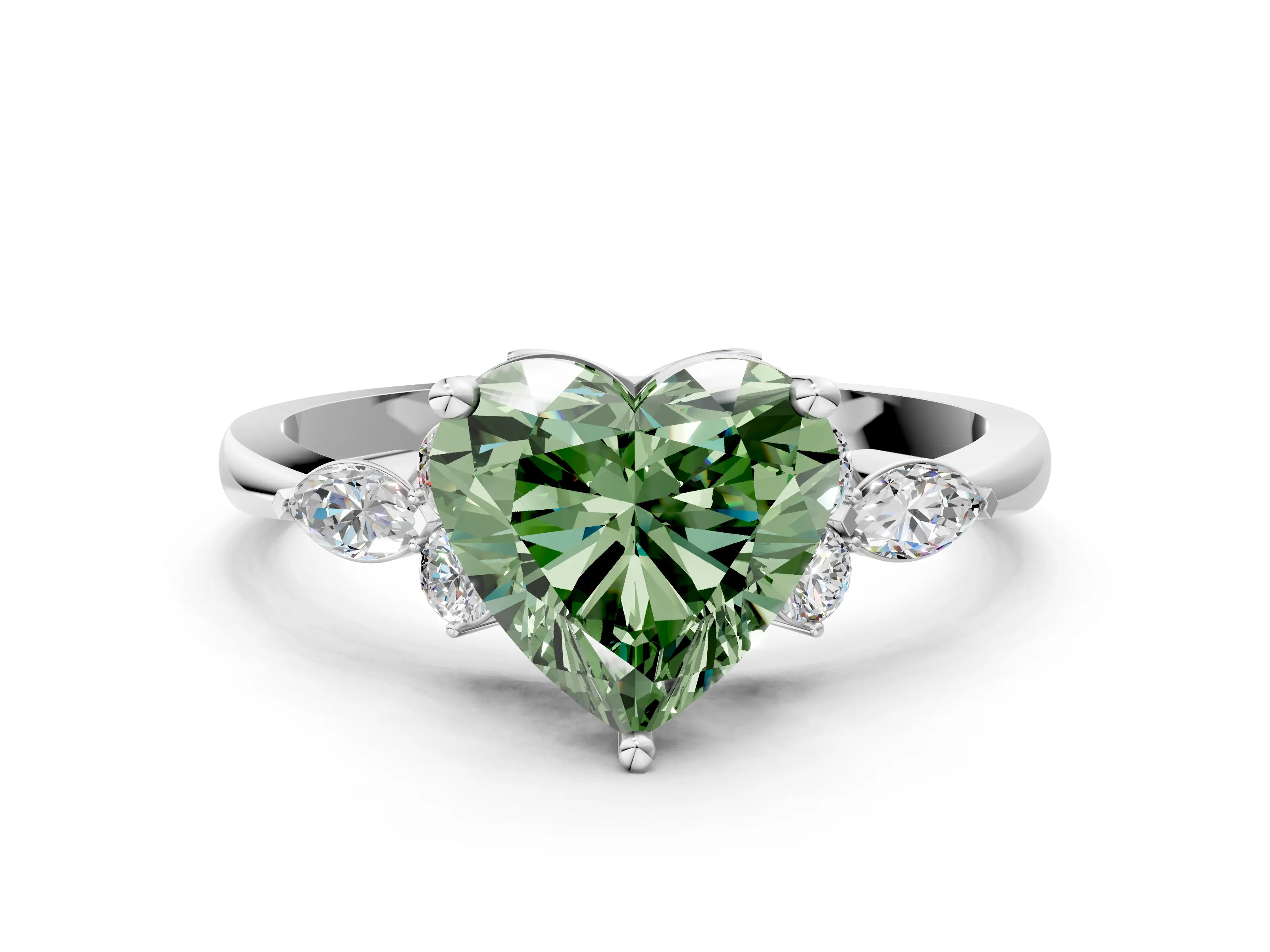 White gold Fancy Green Heart Cut Brilliant Diamond Solitaire Ring with Pear Side Stones and Four-Prong Setting_6